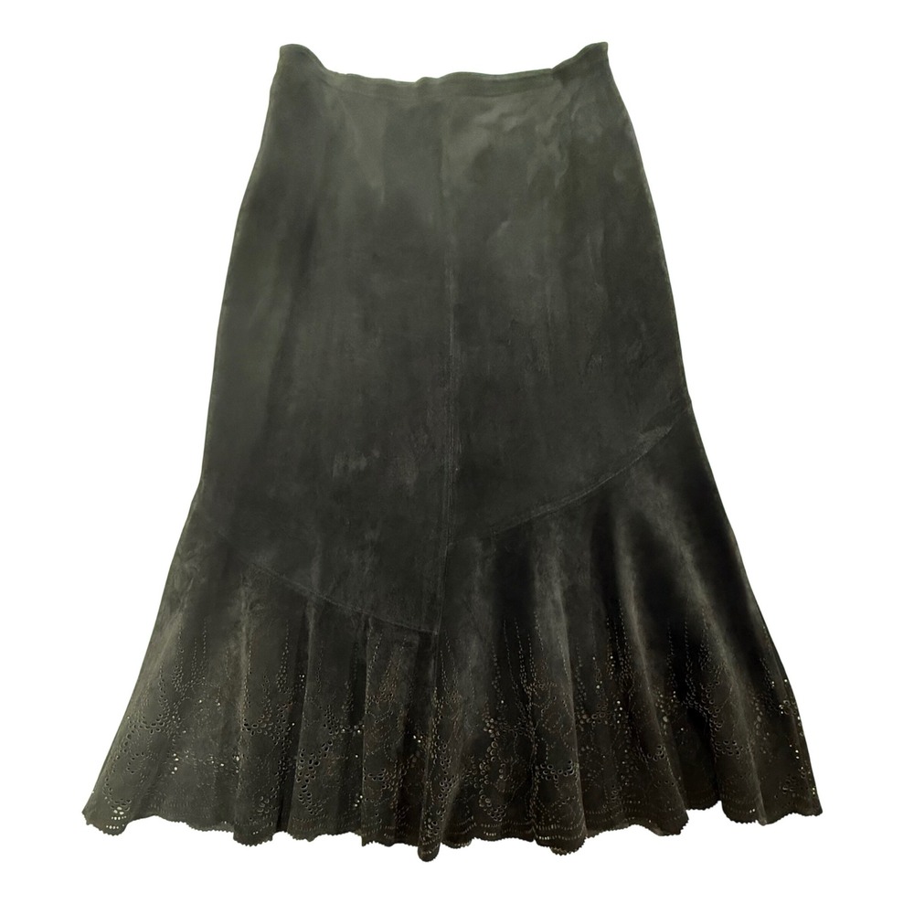 Chicos Black Suede Leather A-Line Skirt Laser Cut Scalloped Hem Size 1 (8) W438